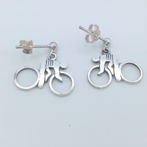 Vintage Sterling Silver Bicycle Bike Rider Dangle Post Earrings - SIGNED! - Picture 8 of 10